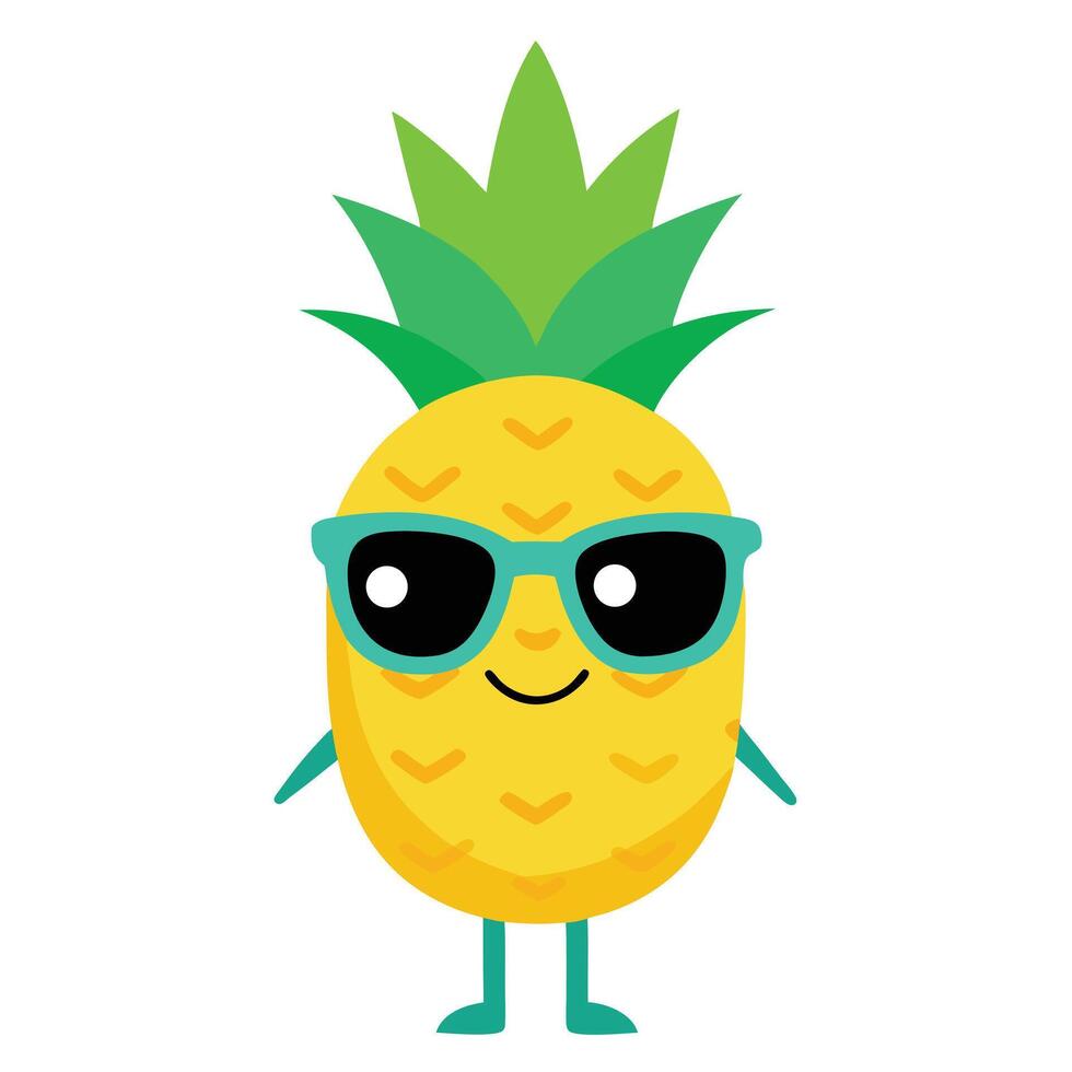 Cartoon Pineapple Character with Sunglasses, Green Leaves, Arms and Legs on White Background vector