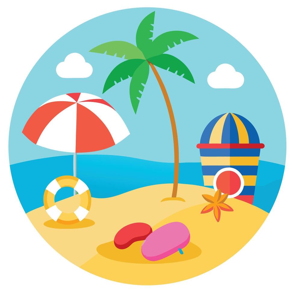 Cartoon Beach Palm Tree, Umbrella, Bucket, FlipFlops, and Seaside Elements vector