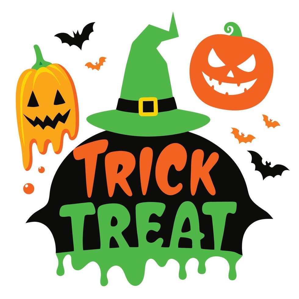 Festive Halloween Featuring Trick or Treat Message, Pumpkins, Witch Hat, and Bats vector