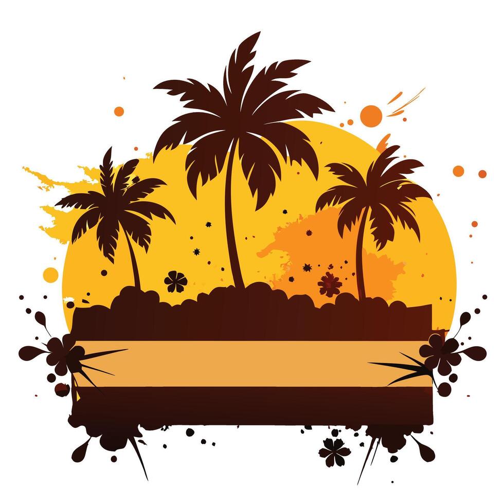 Abstract Tropical Sunset with Palm Trees, Flowers, and Ink Splatters Illustration Art vector