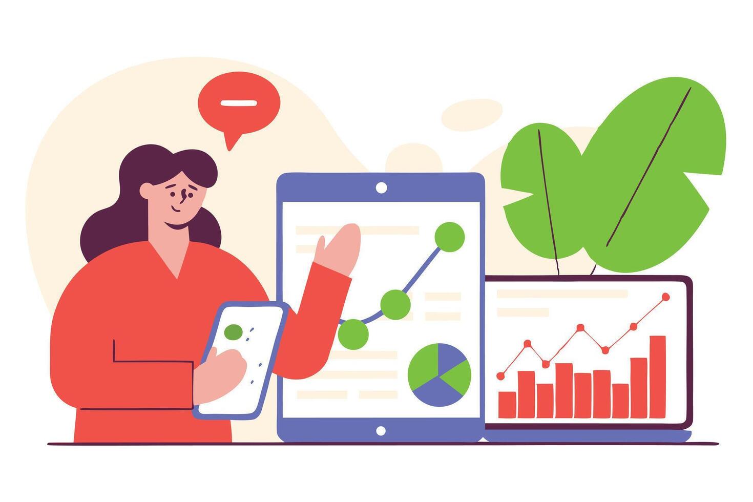 Woman analyzing charts on mobile, tablet, and laptop for business data growth vector