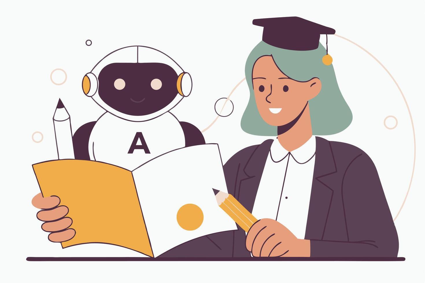 Woman with Graduation Cap Studies with Robot Assistant Reading a Book Together vector