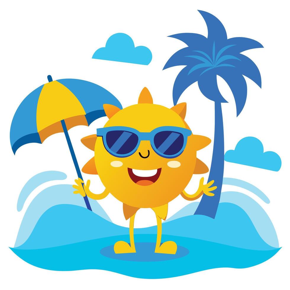 Cartoon Sun with Sunglasses on Beach Under Umbrella Near Palm Tree and Clouds vector