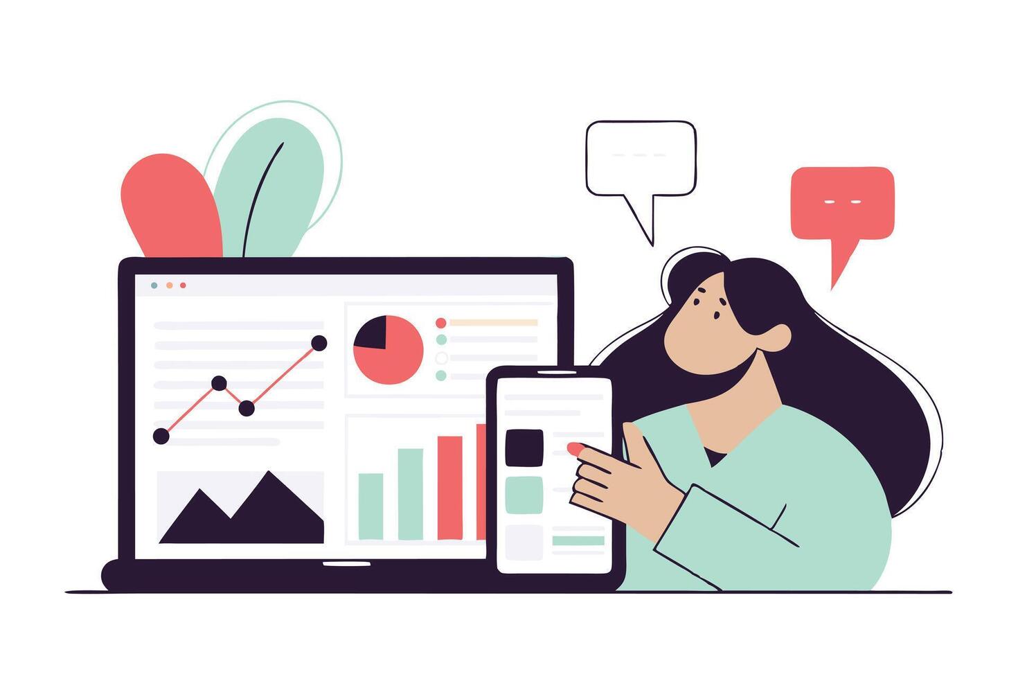 Data Analysis Illustration Woman with Laptop, Mobile Phone, Charts and Graphs, Speech Bubbles vector