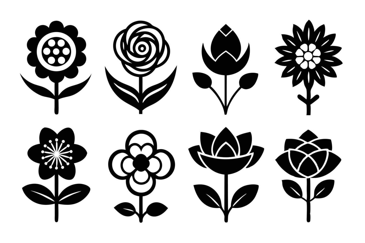 Collection of Eight Black and White Flower Icons Floral Designs vector