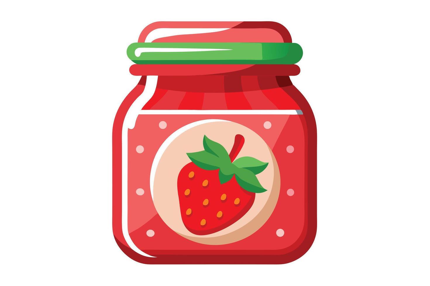 Cartoon Strawberry Jam Jar with Green Lid, Red Filling, and Simple Design on White vector