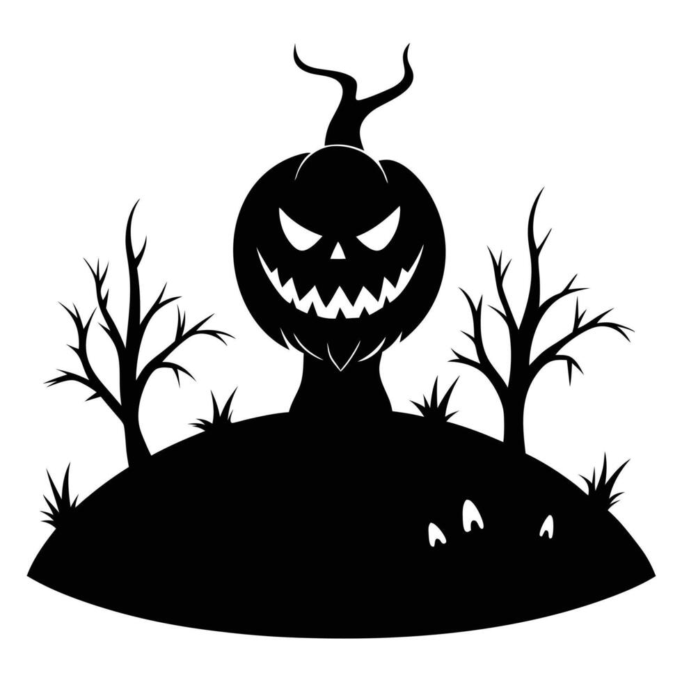 Silhouette of Spooky Halloween Pumpkin with Trees and Creepy Eyes on Mound vector