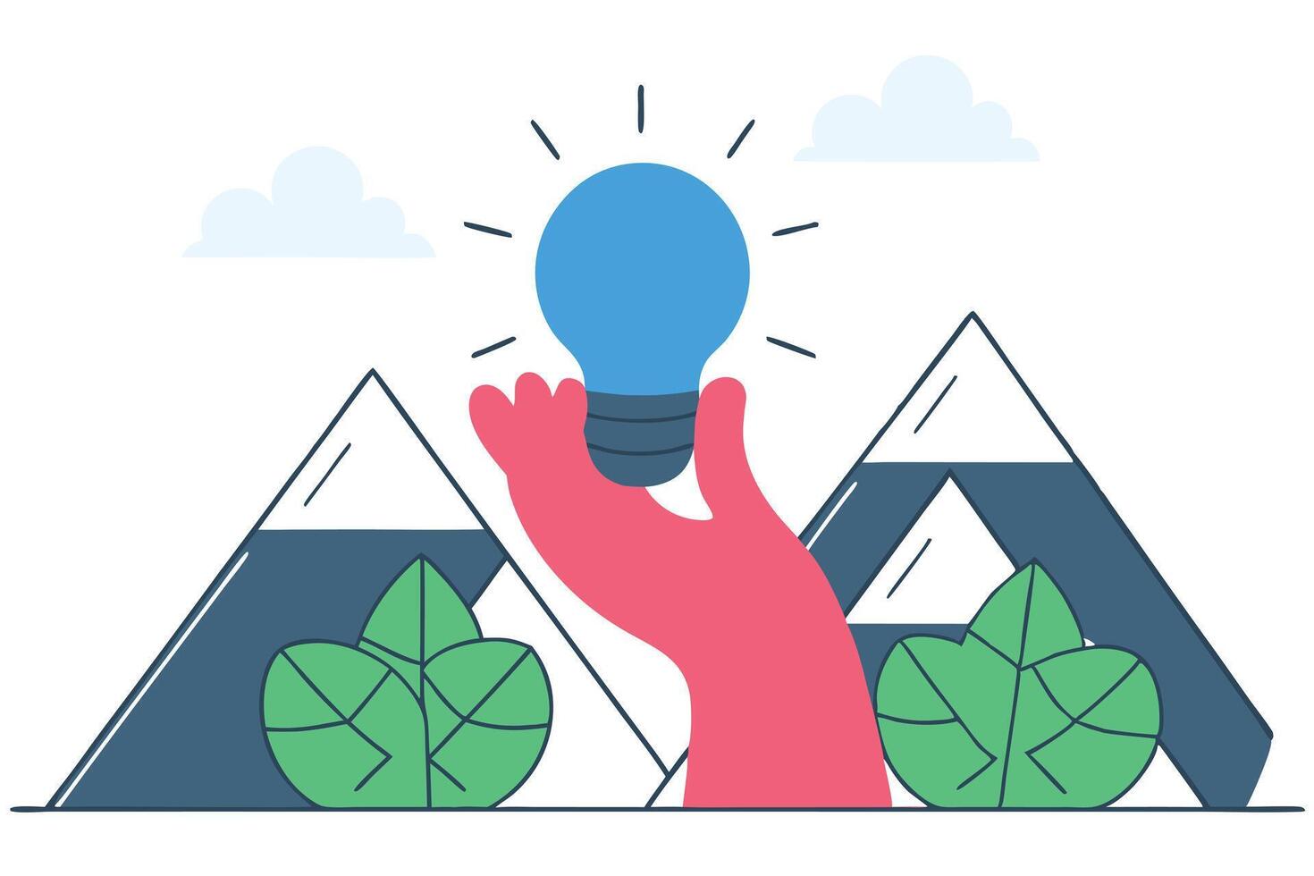 Conceptual Illustration of a Blue Lightbulb Held by a Hand Above the Mountains vector