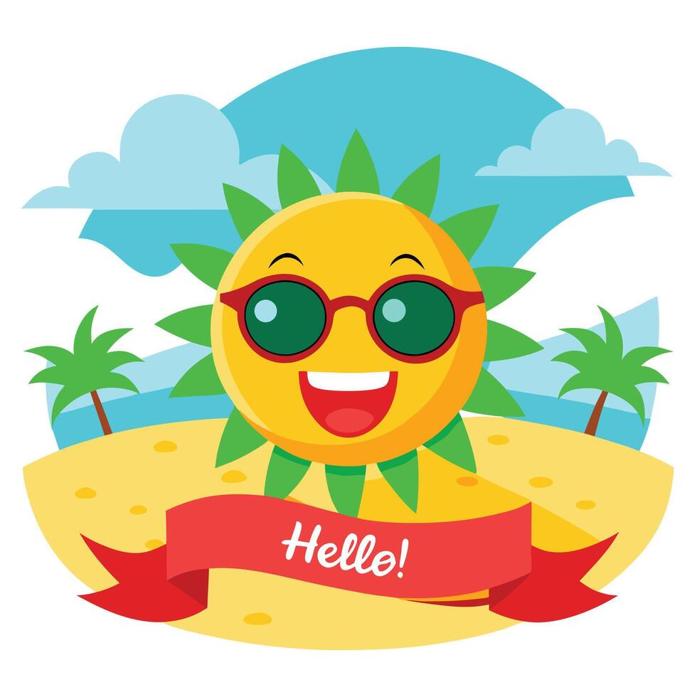 Cartoon Sun with Sunglasses on Beach with Palm Trees and Hello Banner vector