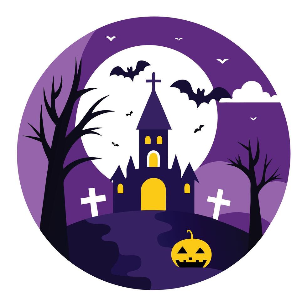 Spooky Purple Halloween Night Haunted Castle, Bats, and Jacko'Lantern Illustration Scene vector