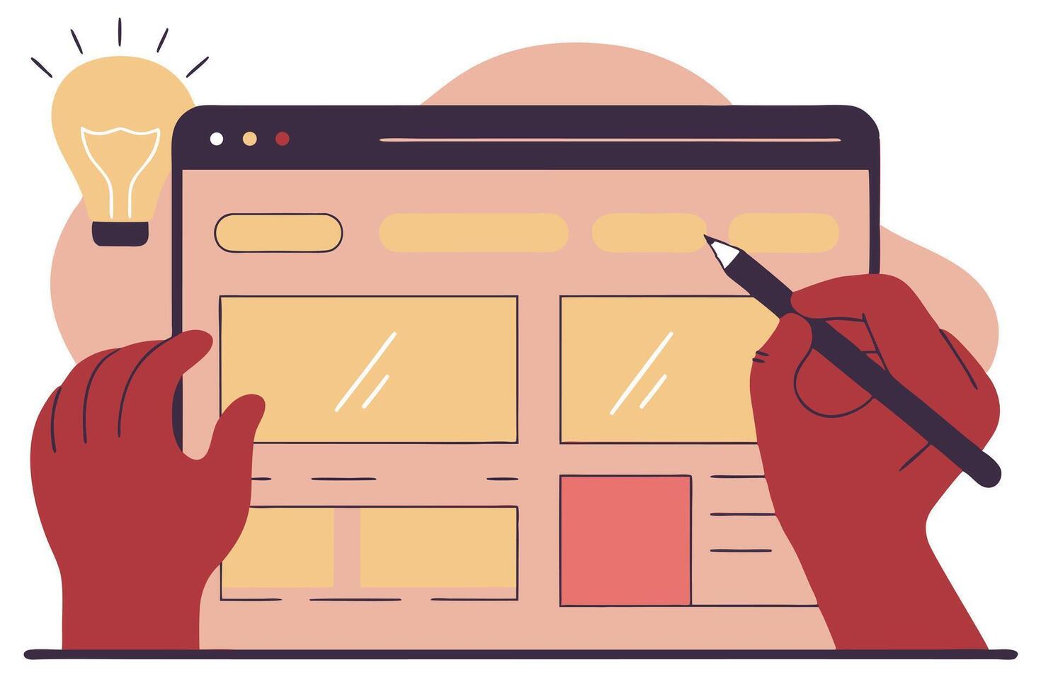 Website Wireframe Creation with Hand and Pencil, Surrounded by Idea Bulb Illustration vector