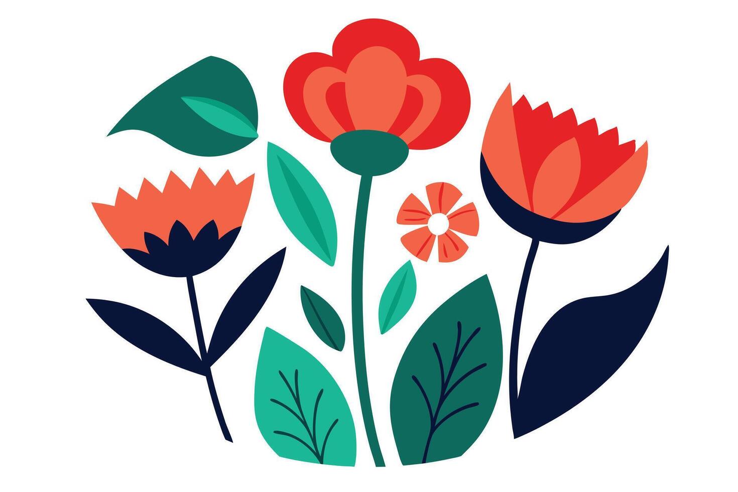 Vibrant Botanical Illustration Abstract Flowers and Leaves on Plain Background, Decorative Nature Art vector