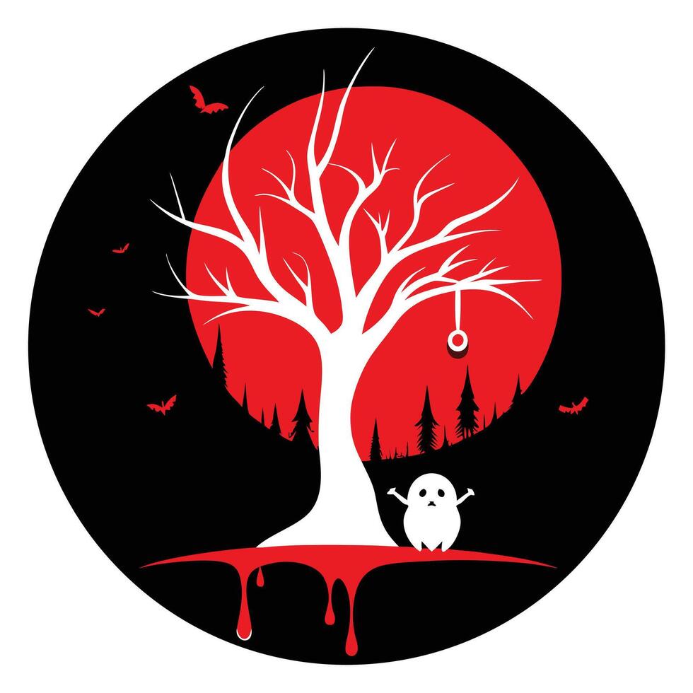 Halloween White Tree, Bats, Ghost, Red Moon, Dark Forest, Round vector