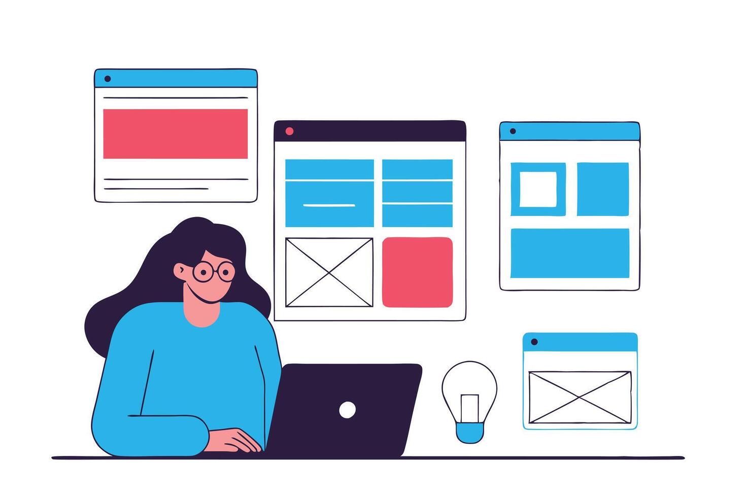Illustration of a Woman Working on Website Design with Various Mockups Around Her vector