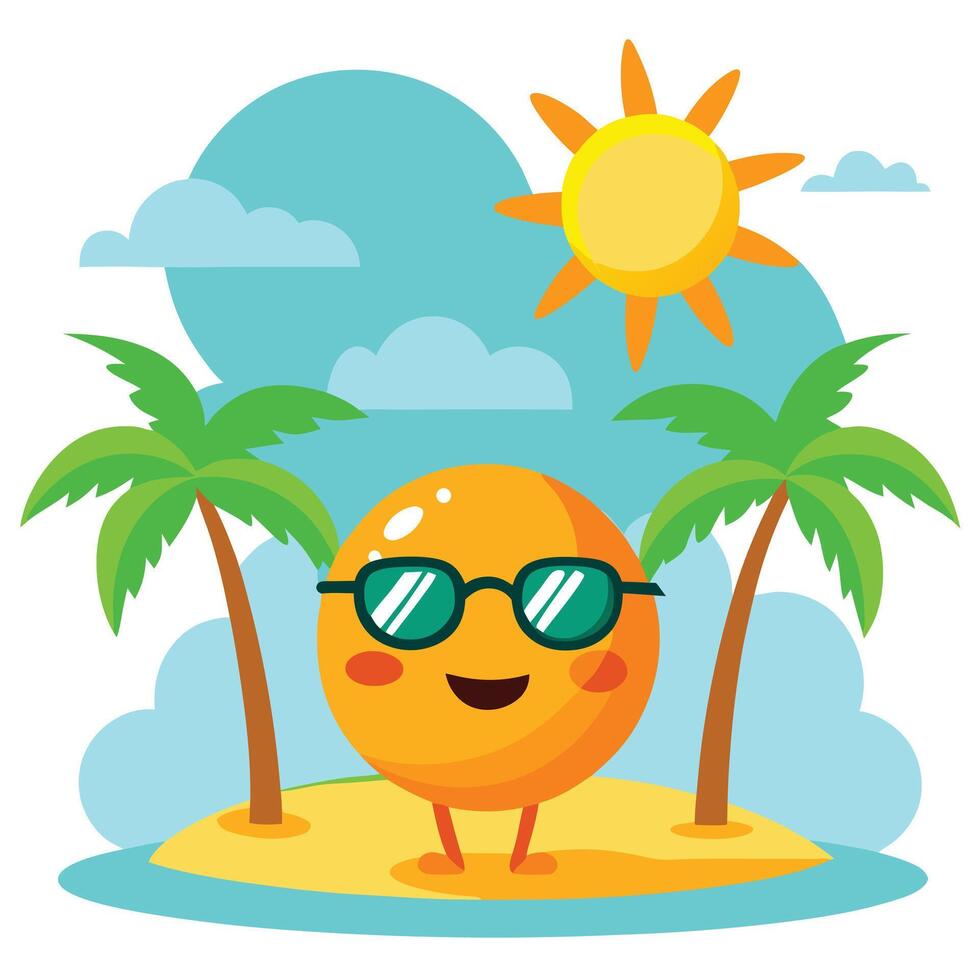 Cartoon Orange Character with Sunglasses on Tropical Island with Palm Trees vector