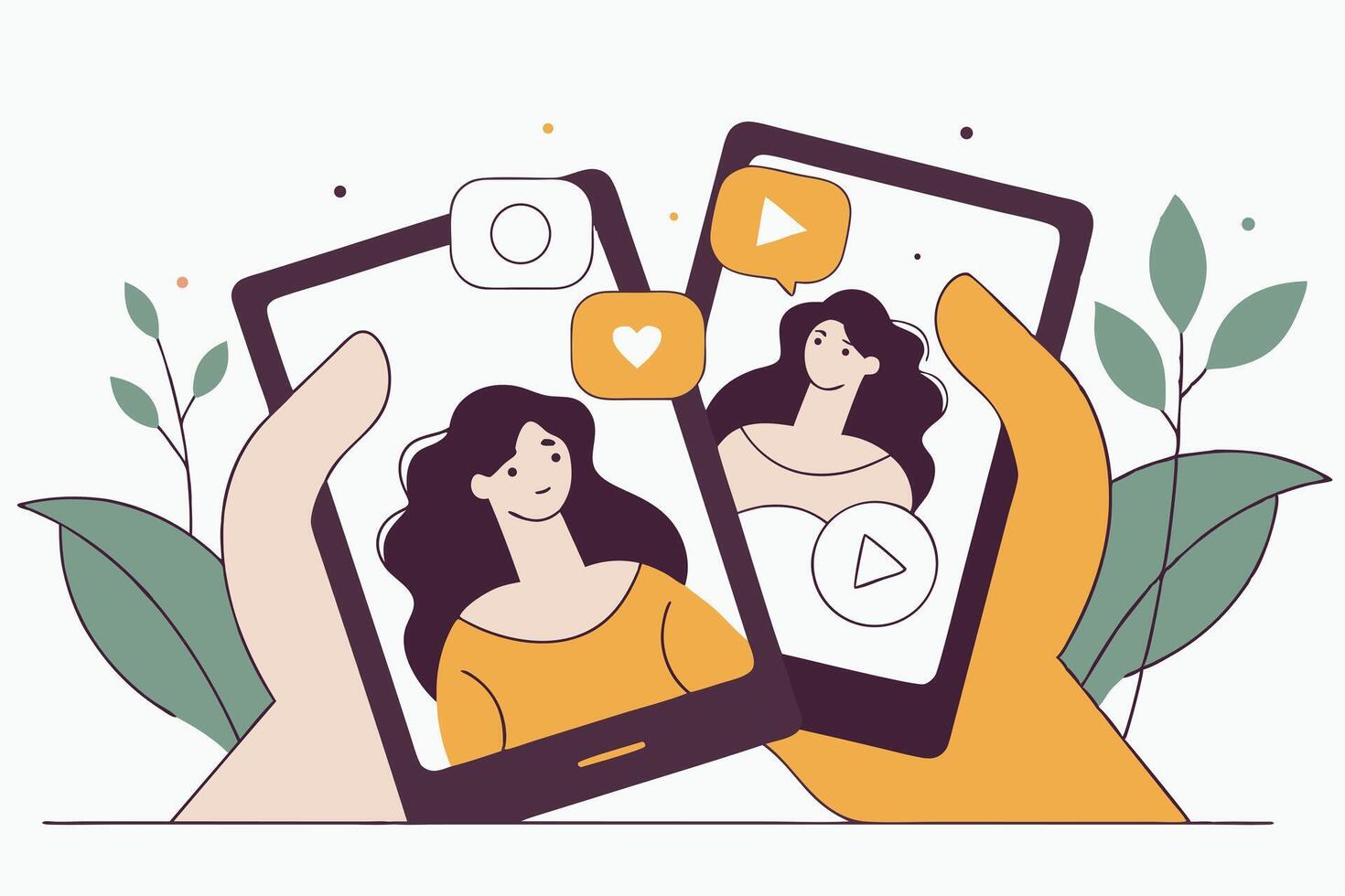 Two Women's Selfies Displayed on Mobile Phones With Heart, Camera, and Play Button Icons vector