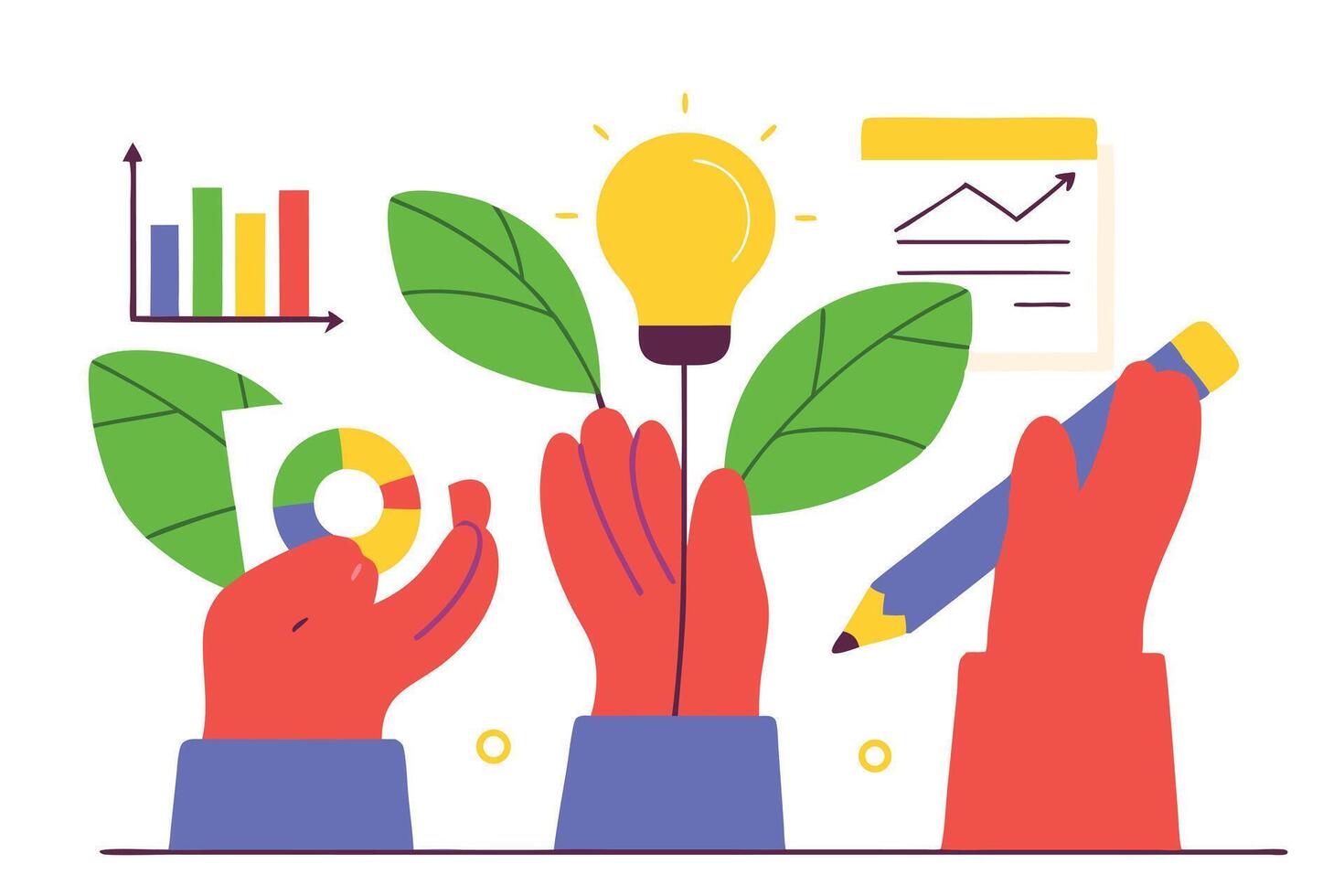 Creative Business Growth Hands Nurturing Ideas with Charts and Pencil Illustration vector