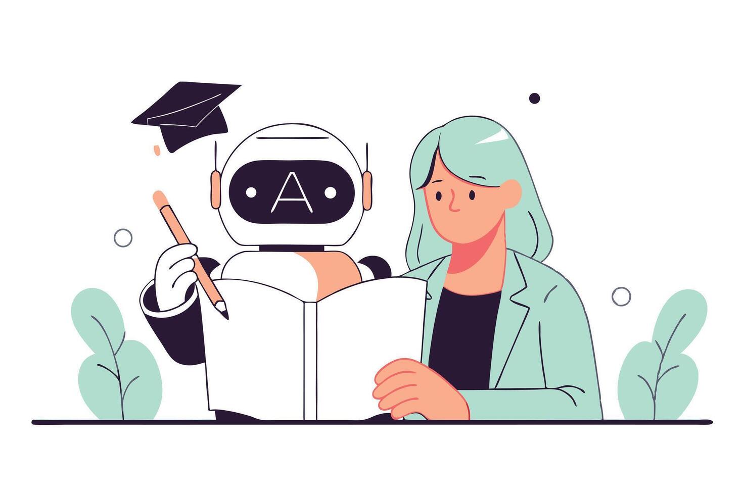 Robot and Woman Study Together, Robot Wearing Graduation Cap, Reading a Book vector