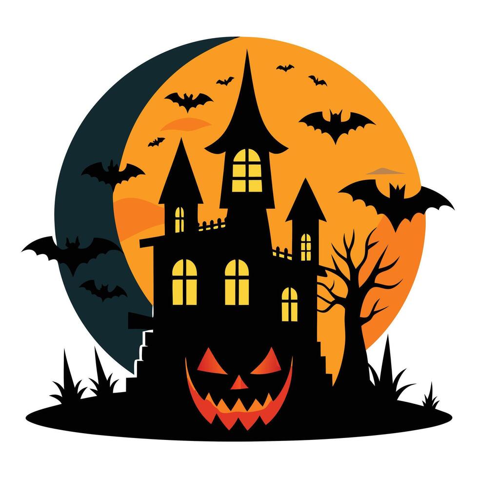 Spooky Halloween Castle Silhouette with Bats and Orange Moon Background Illustration vector