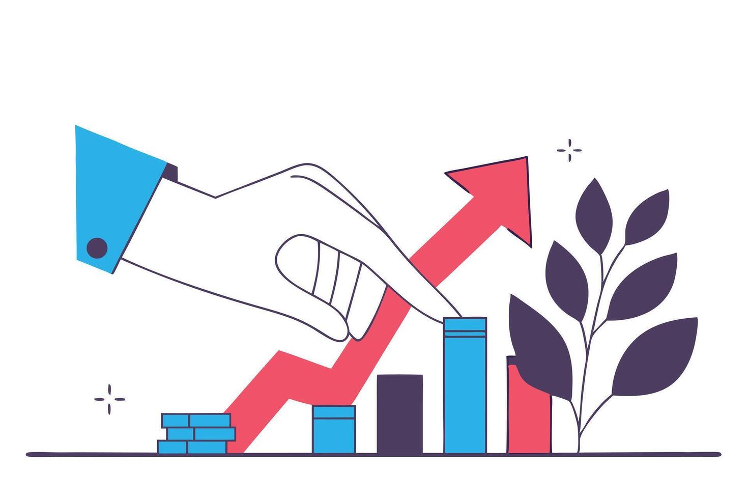 Hand Pointing at Financial Growth Chart with Rising Arrow and Bar Graphics vector