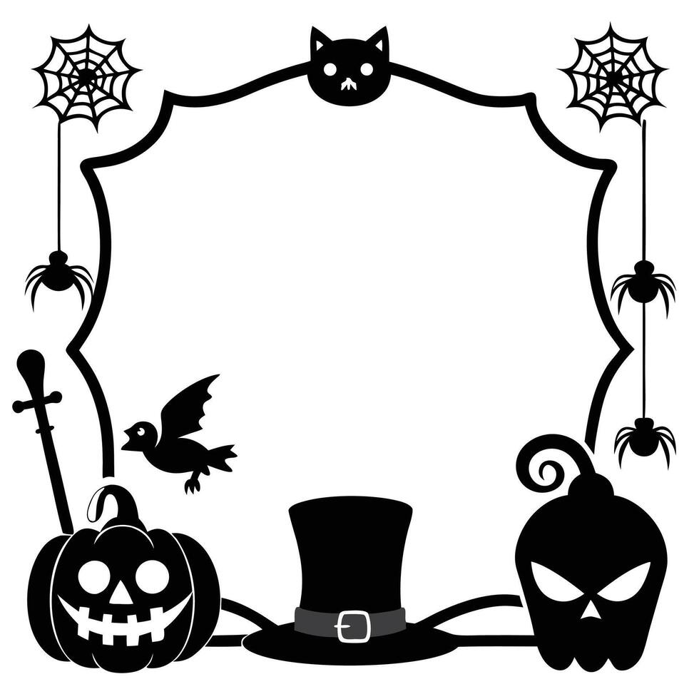 Whimsical Halloween Frame with Pumpkins, Hat, Bird, and Spiderwebs Silhouette Decoration Elements vector