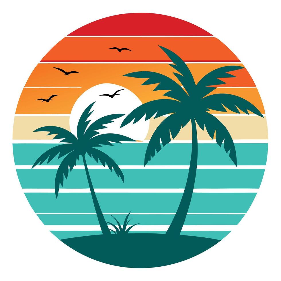 Retro Palm Tree Sunset Illustration with Birds and Tropical Feel vector