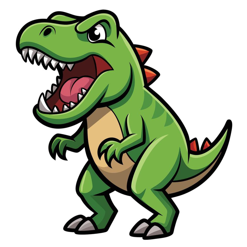 Roaring Cartoon Tyrannosaurus Rex Illustration with Sharp Teeth and Red Spikes on White vector