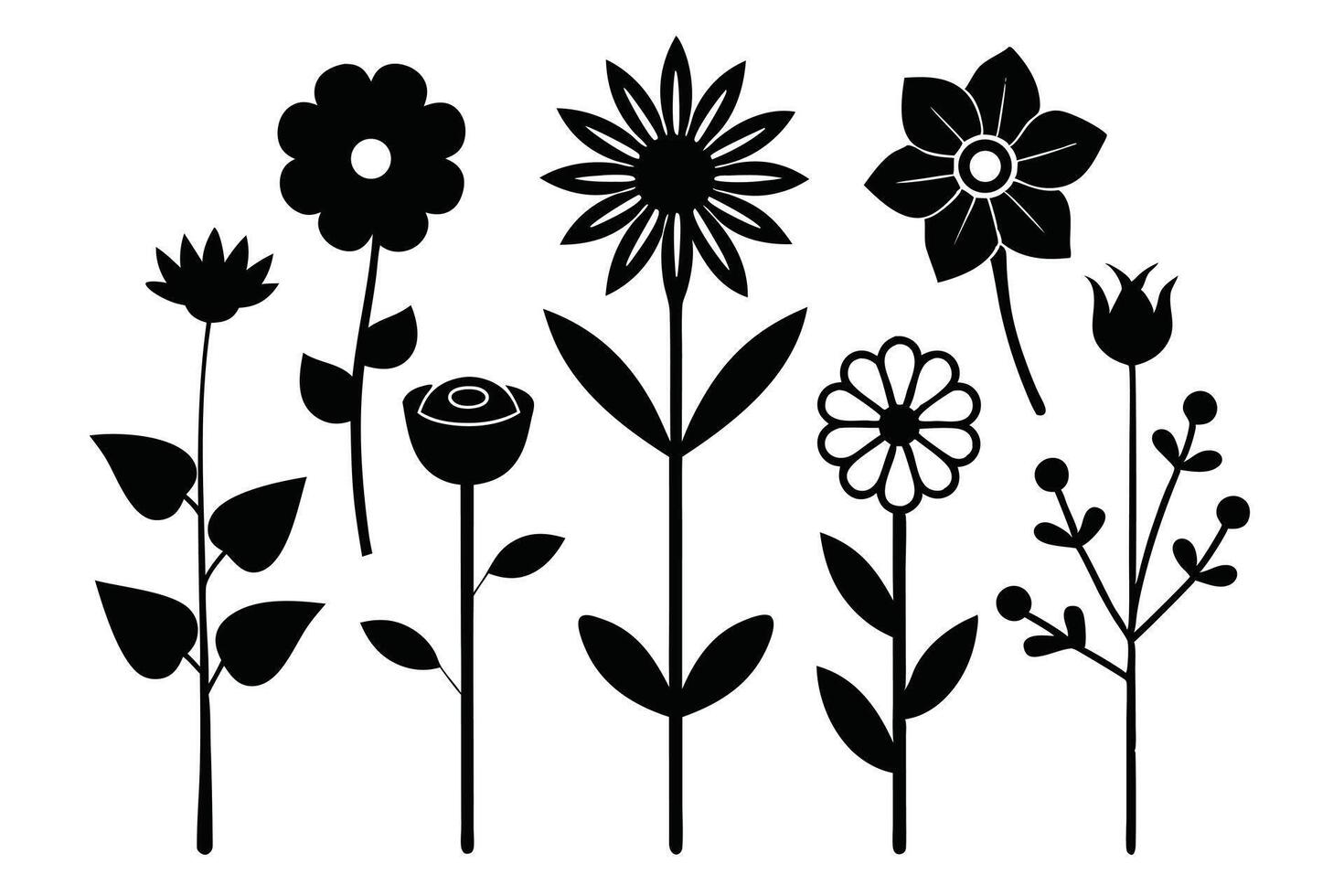 Black and White Flower Silhouettes Floral Design Elements for Botanical Illustrations and Graphics vector