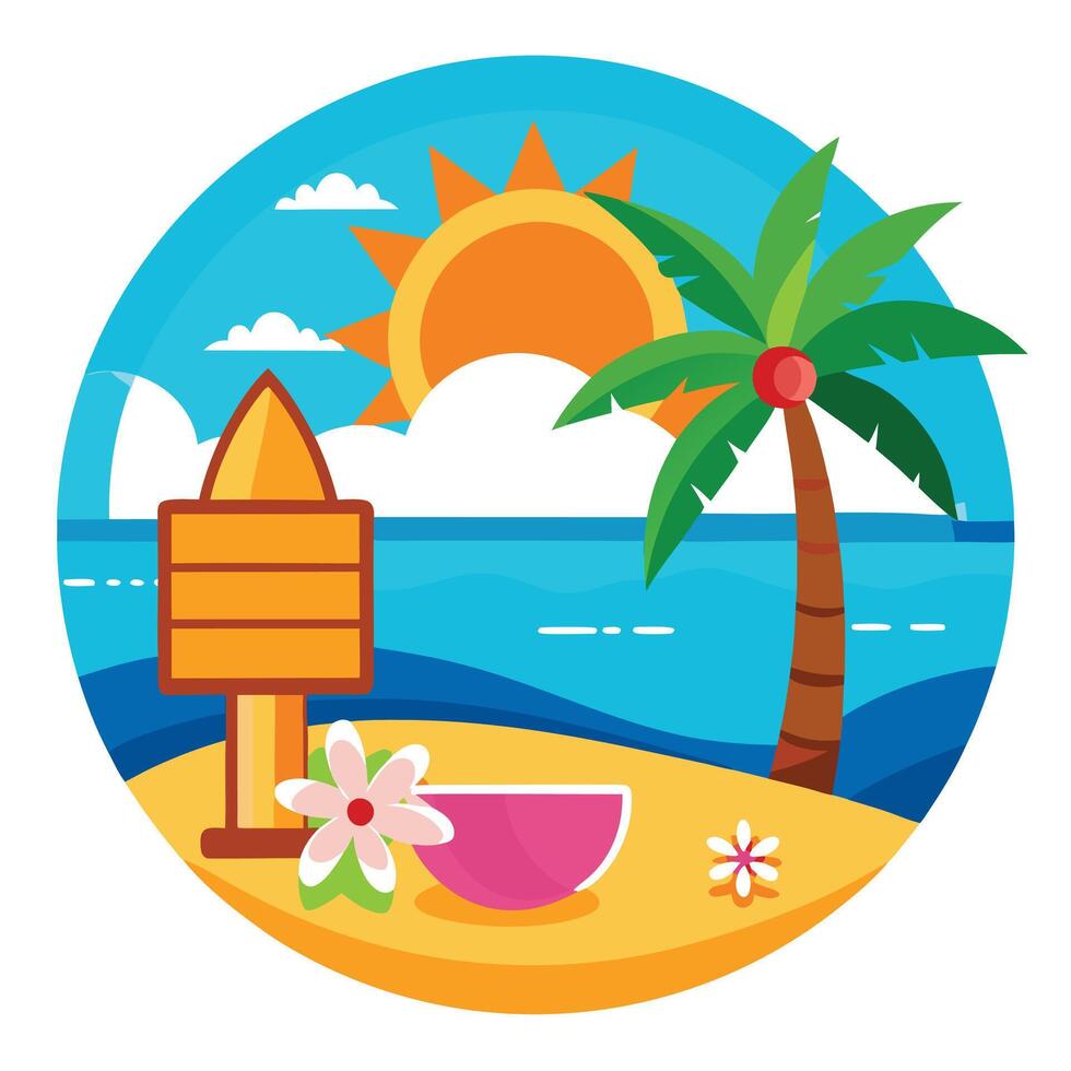 Cartoon Beach with Palm Tree, Flowers, Signboard, and Sun Illustration vector