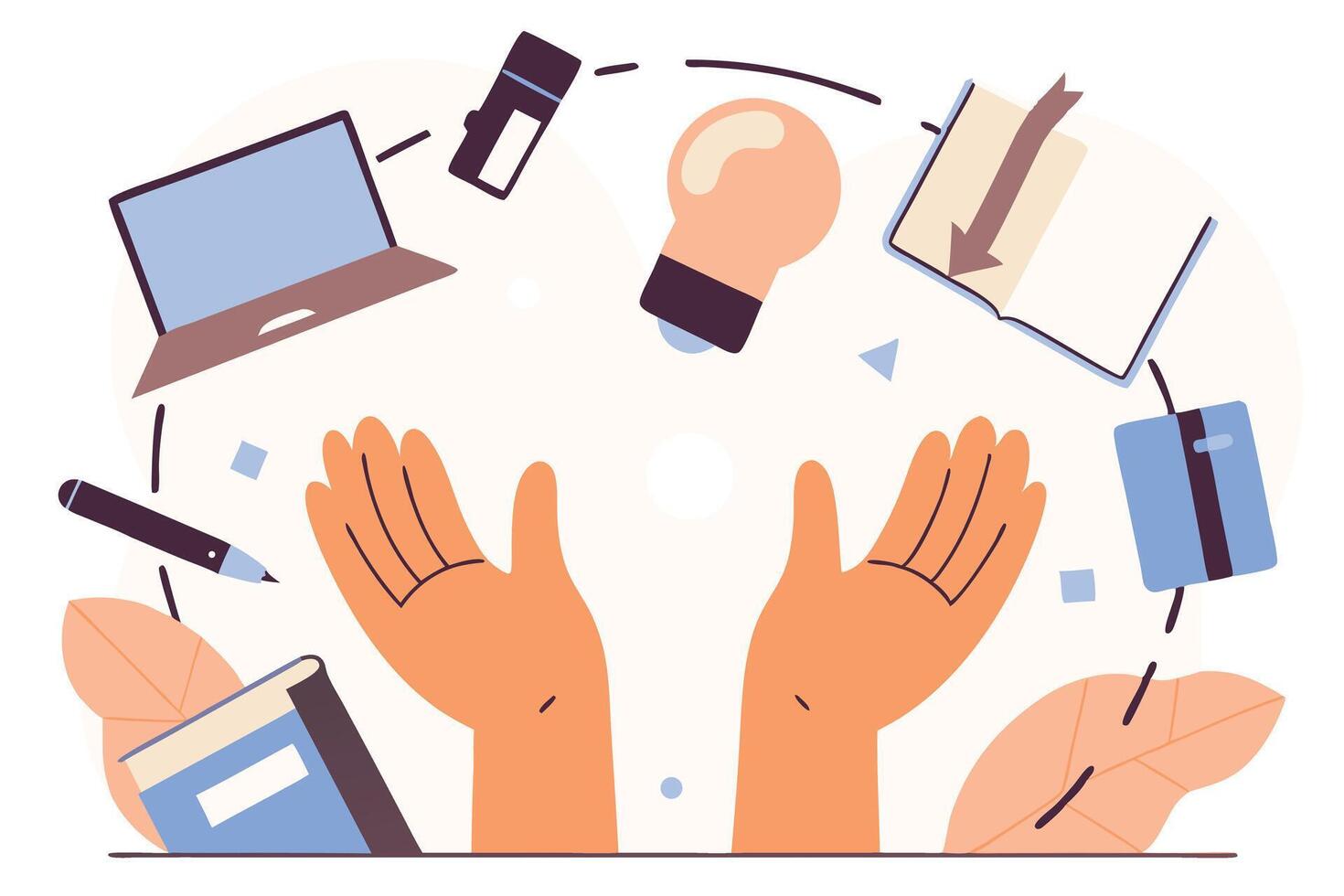 Two Hands Holding Learning Objects Laptop, Lightbulb, Book, Pen, Stamp and Leaves vector