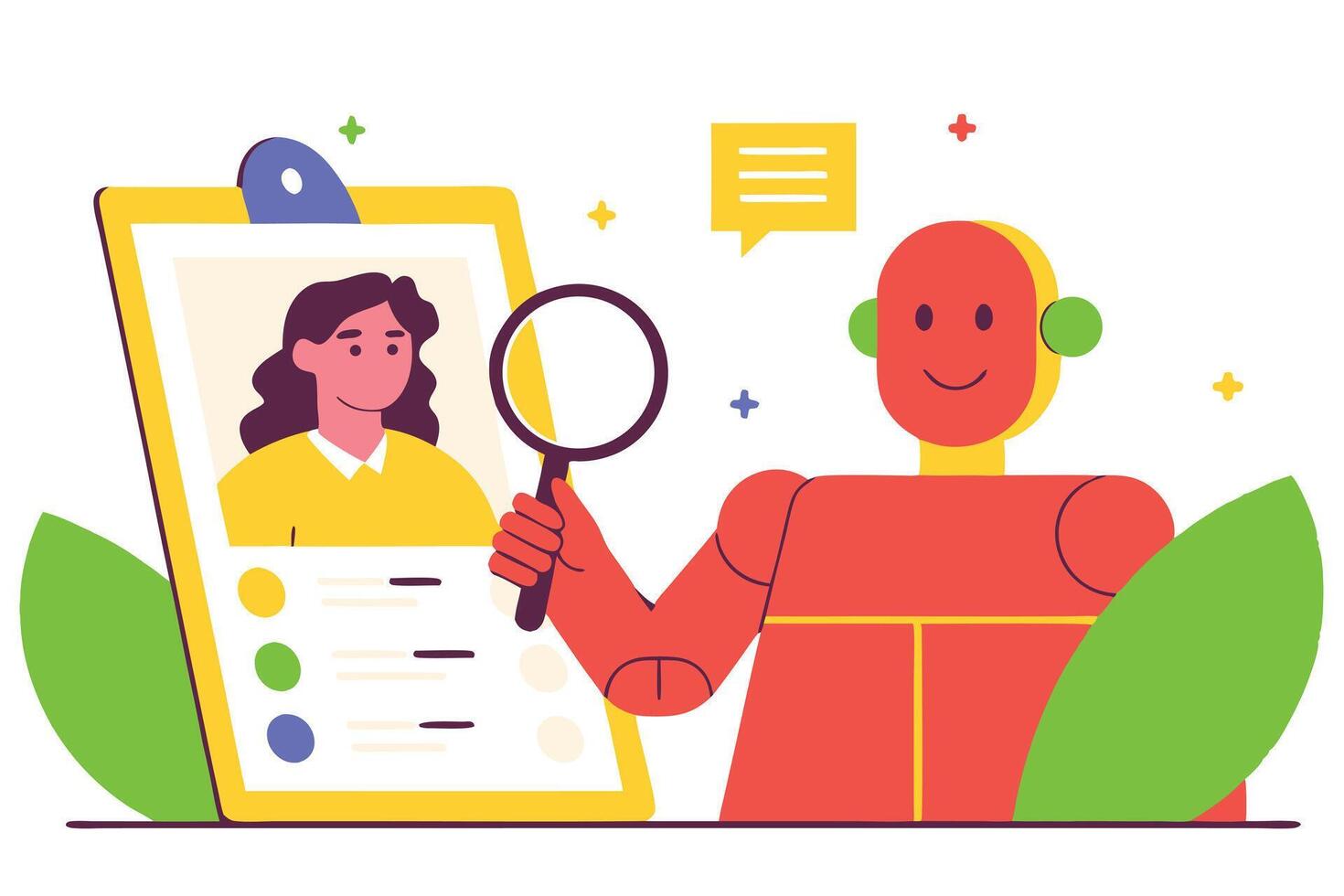 Robot Reviewing a Candidate Profile with Magnifying Glass for Hiring Process vector