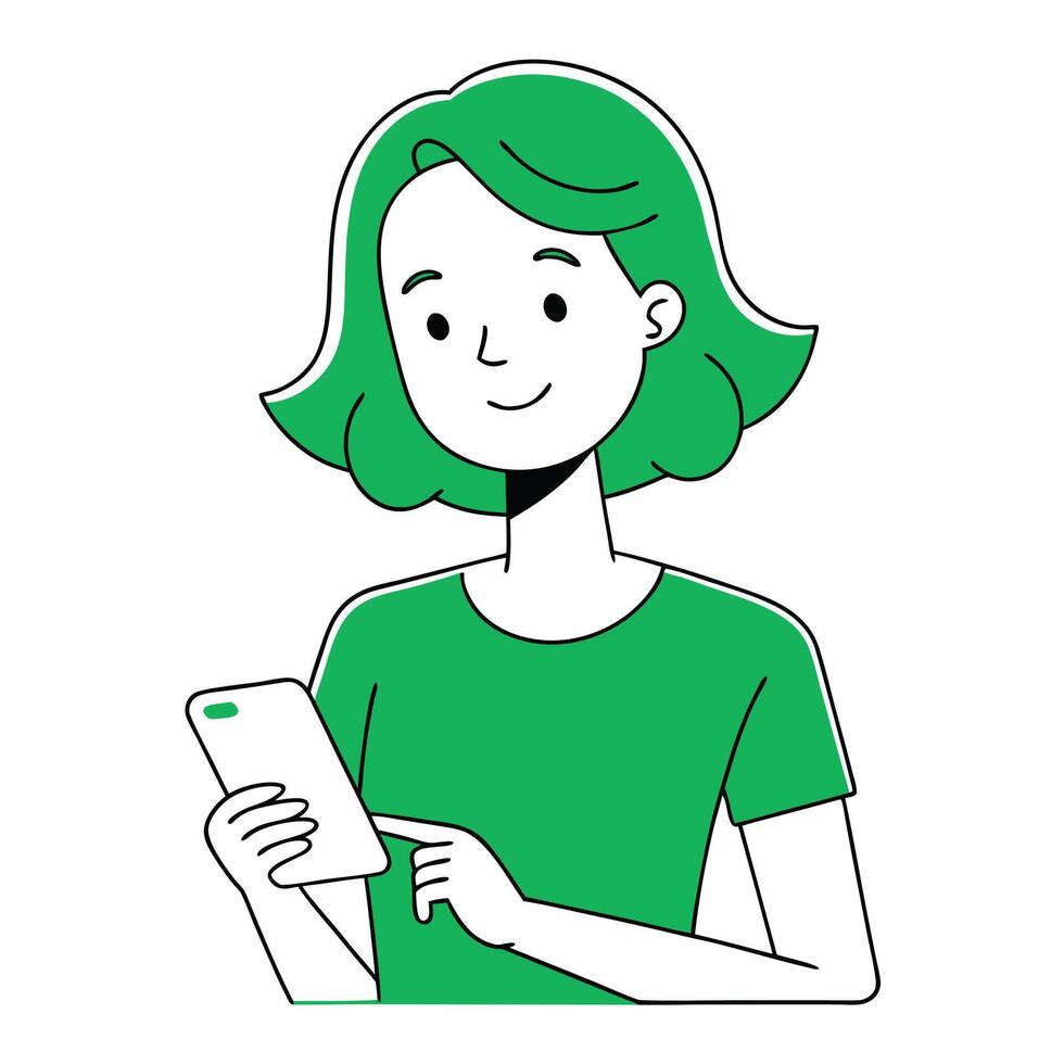 Cartoon Woman in Green Shirt Using Cellphone With Blank Screen Displayed vector