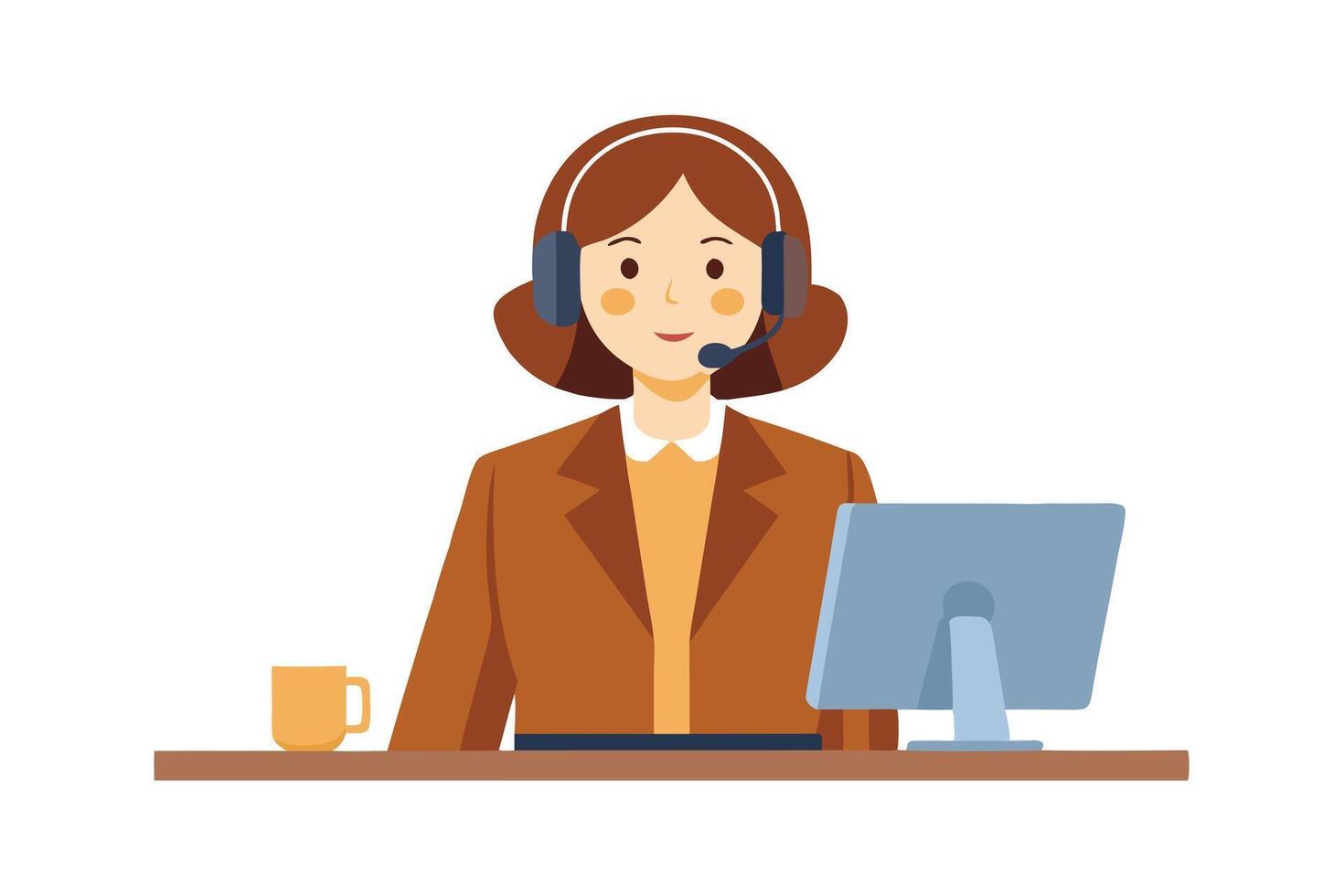 Cartoon Woman with Headset at Desk with Computer and Coffee Cup Illustration vector