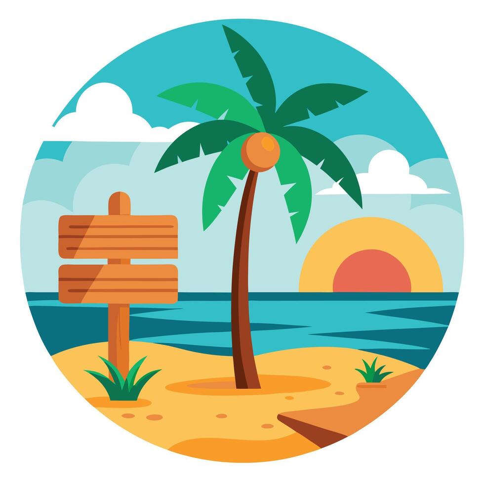 Tropical Beach Sunset Illustration with Palm Tree and Wooden Sign in Circle Composition vector