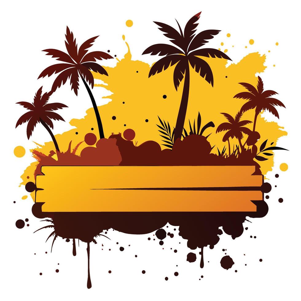 Silhouette Palm Trees Against Golden Splatter Background with Wooden Banner, Isolated on White vector