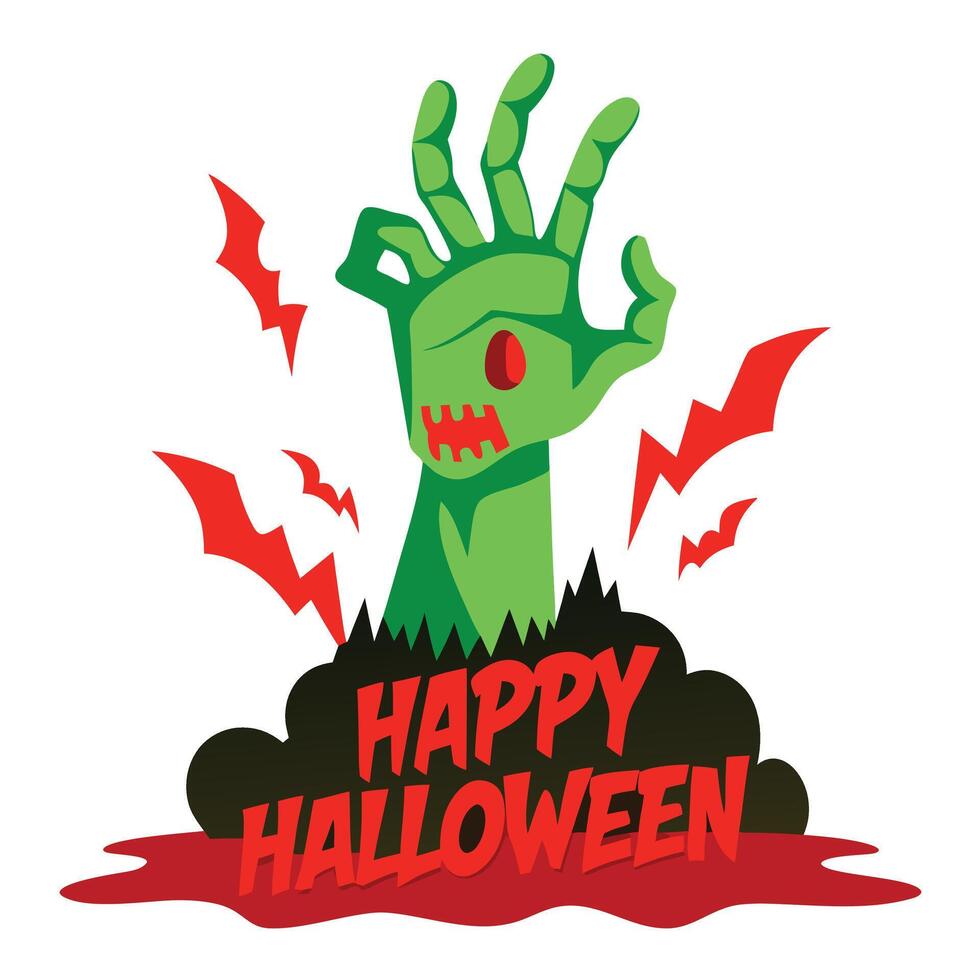 Happy Halloween Zombie Hand Rising From Ground Surrounded By Bats Cartoon Illustration vector