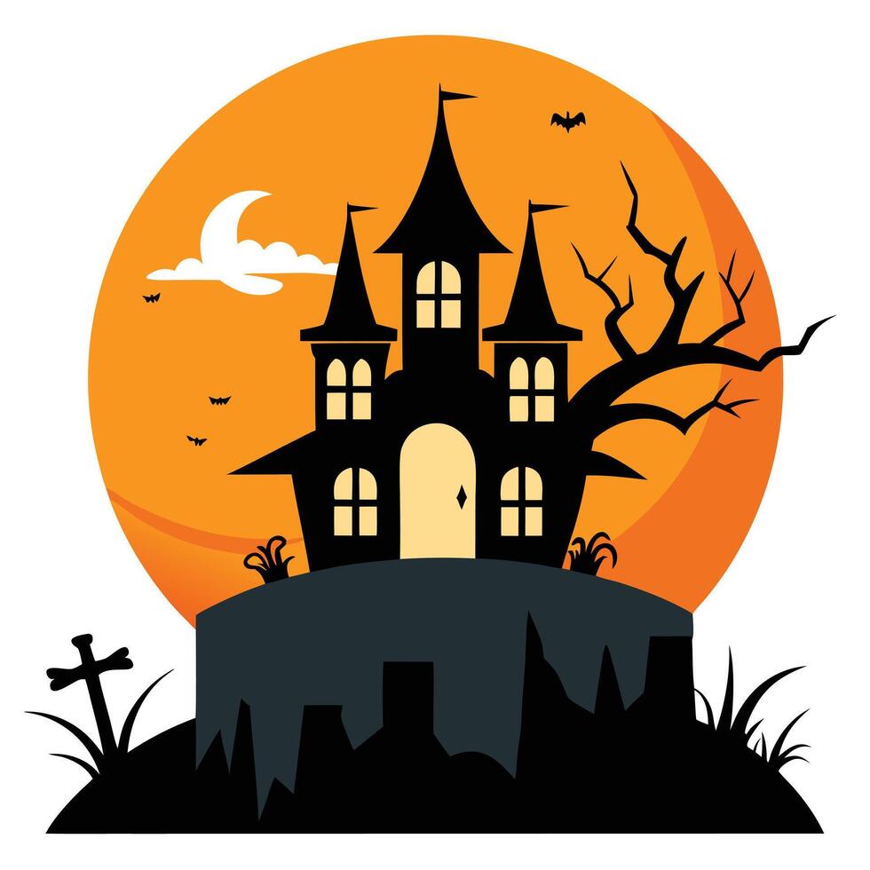 Spooky Halloween Castle Silhouette Against Moonlit Sky with Bats and Graveyard Details vector