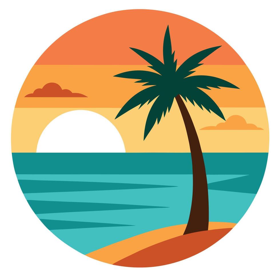 Stylized Beach with Palm Tree, Sunset, and Ocean Waves in Circular vector
