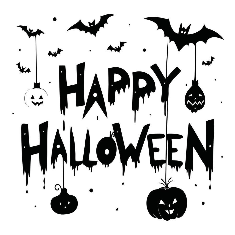 Black and White Happy Halloween with Bats and Dangling Pumpkins Silhouettes vector