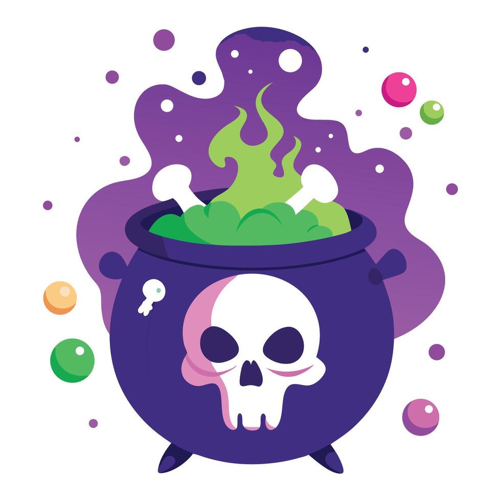 Cartoon Witch's Cauldron with Green Potion and Skull Decoration for Halloween Design vector