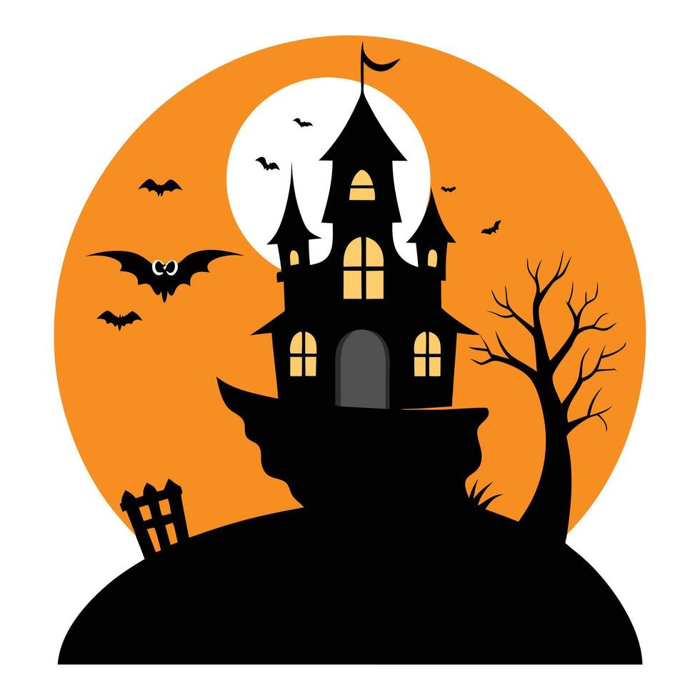 Spooky Halloween Mansion Silhouette with Bats, Tree, and Full Moon Orange Backdrop vector