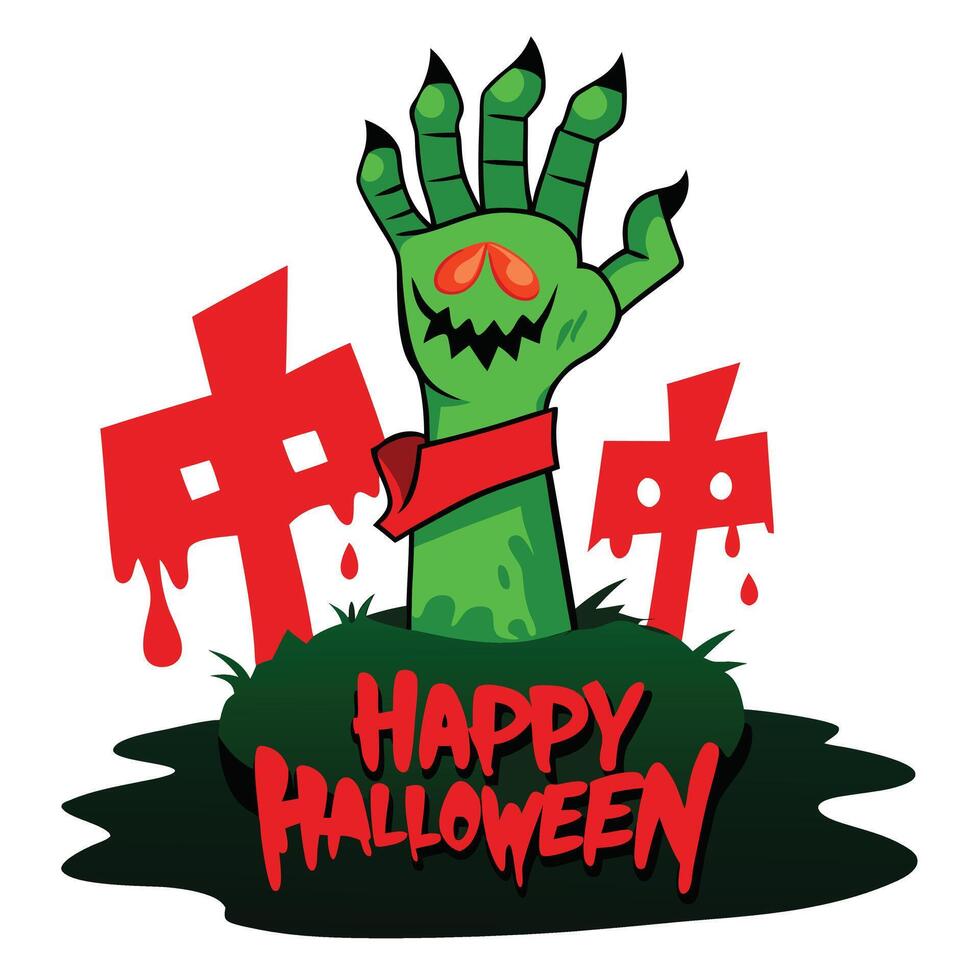 Animated Zombie Hand Emerging from Grave with Tombstones and Happy Halloween Message in Red vector