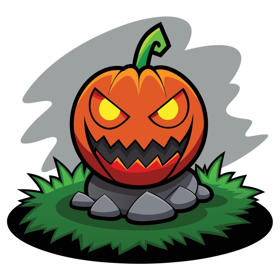 Cartoon Halloween Pumpkin with Glowing Eyes Sitting on Rocks in Patch of Grass vector