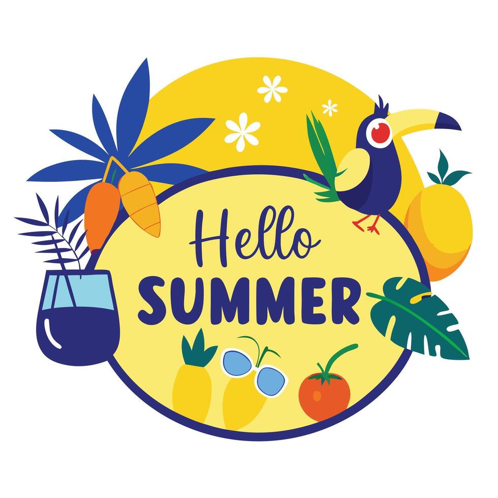 Hello Summer Illustration with Toucan, Tropical Fruits, Leaves, and a Refreshing Beverage vector
