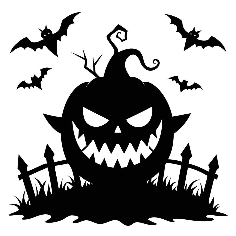 Halloween Pumpkin Silhouette with Bats and Spooky Fence Design Element Isolated vector