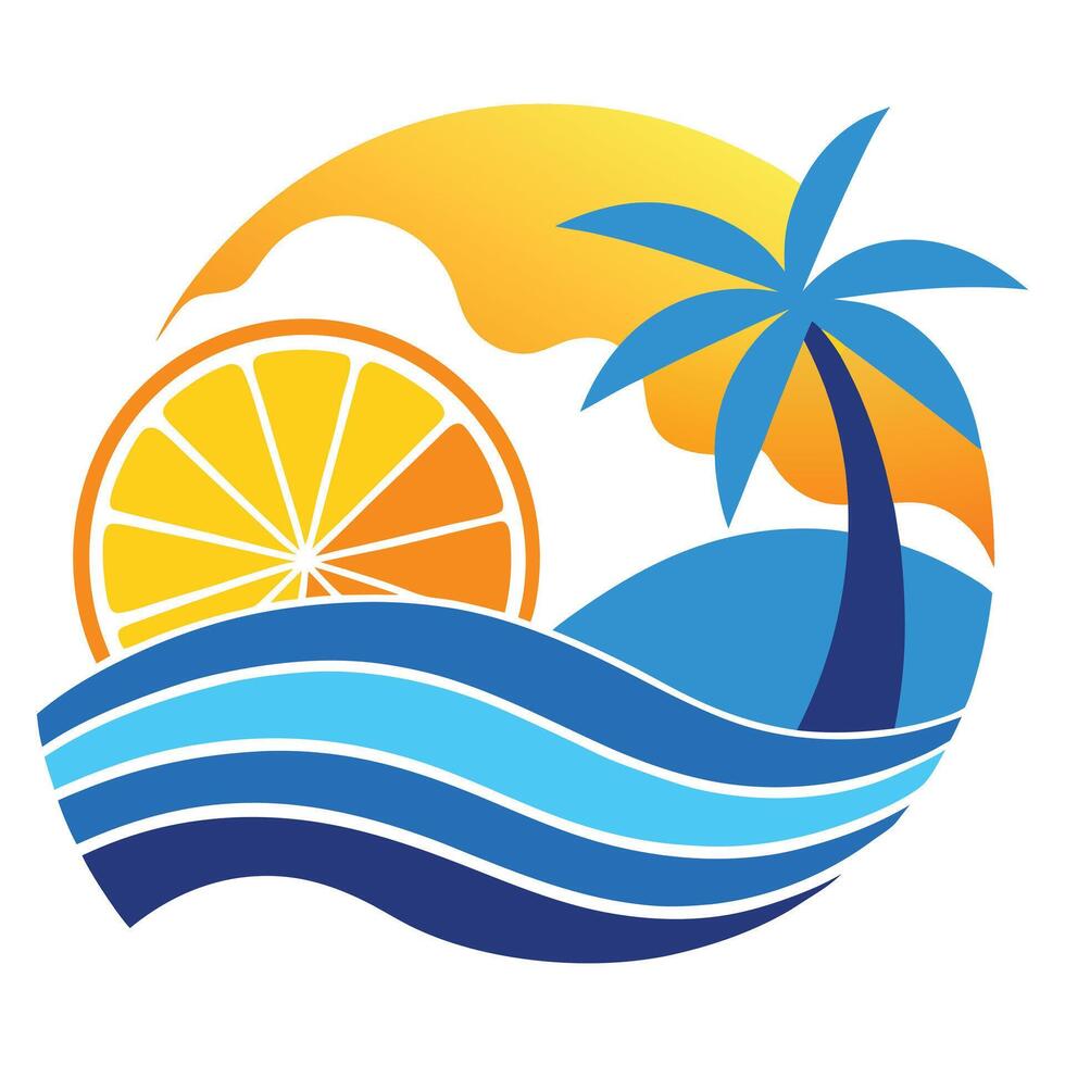 Circular Logo Design Featuring Orange Slice, Blue Palm Tree, and Ocean Waves vector
