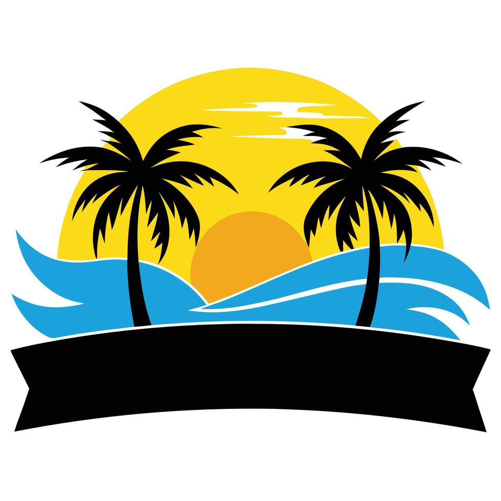 Sunset Palm Trees Silhouette with Ocean Waves and Black Ribbon Banner vector
