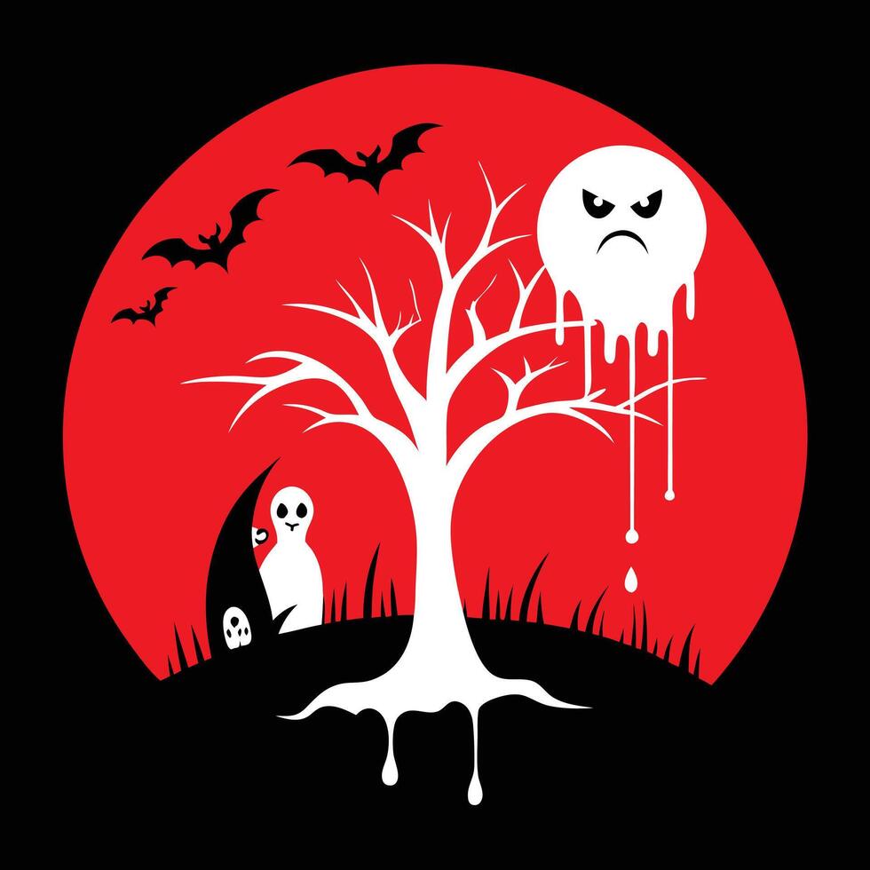 Spooky Halloween Landscape with Bare Tree, Bats, Round Ghost and Hidden Friendly Ghosts vector