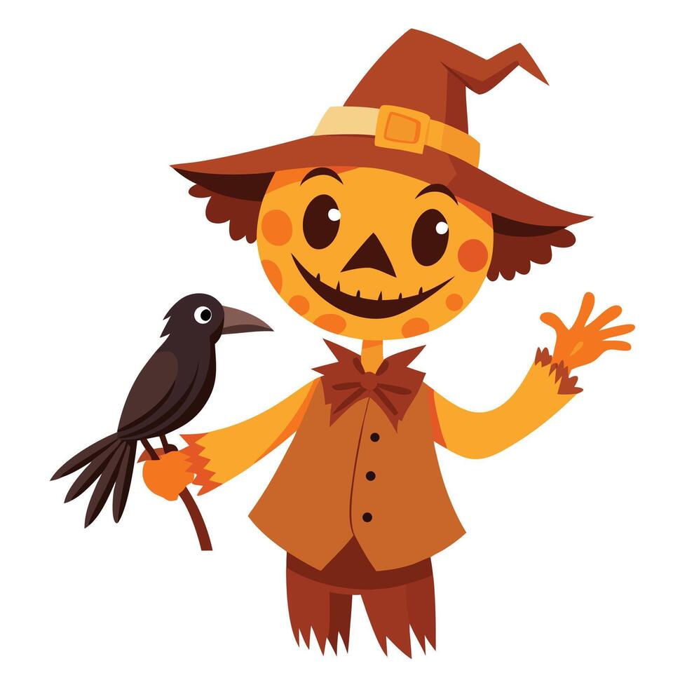 Cartoon Scarecrow with Crow Perched on Arm Waving Hello on White Background vector