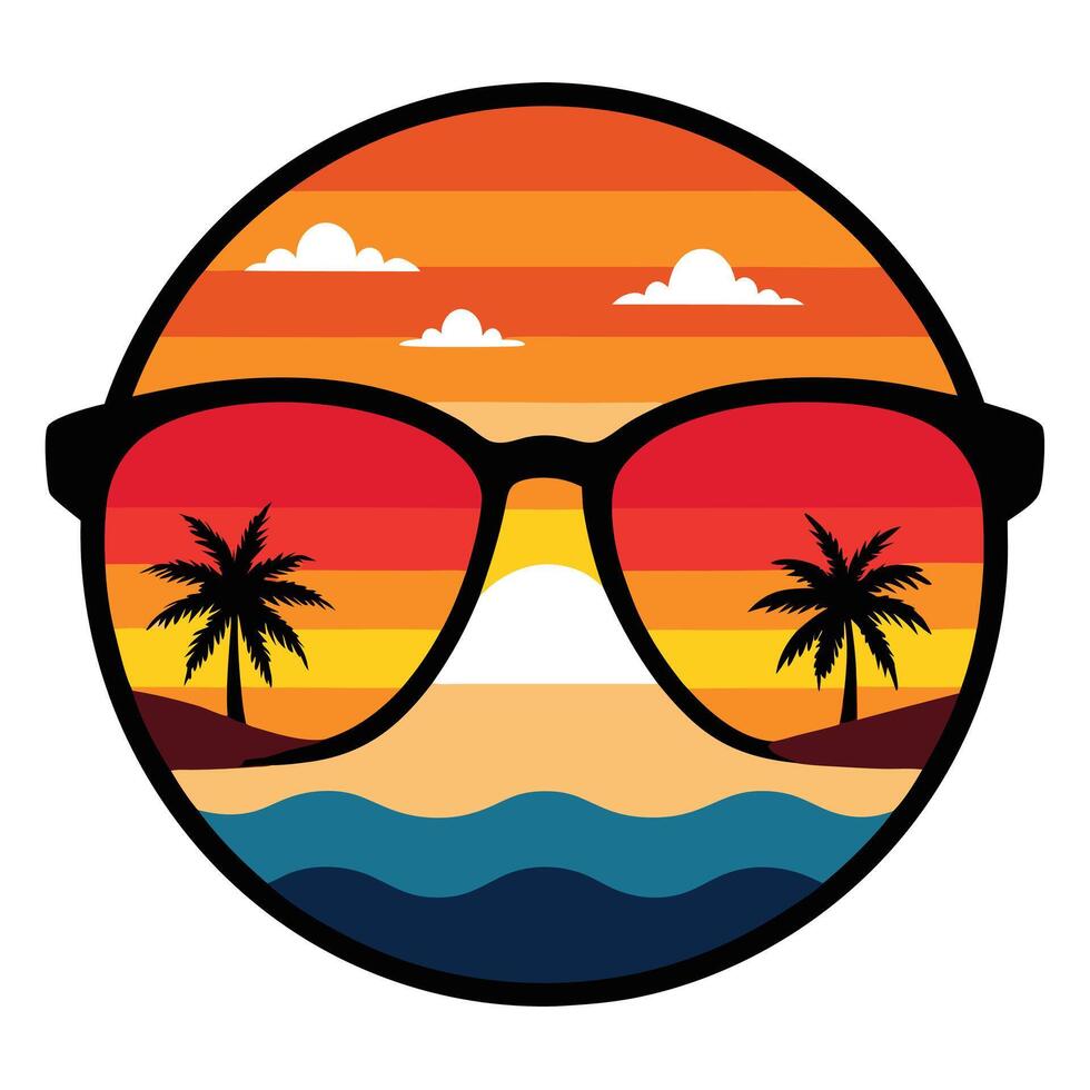 Sunglasses Reflecting Tropical Beach Sunset, Palm Trees, and Ocean Waves vector